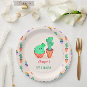 Cute Baby Cactus and Mum Baby Shower Paper Plate