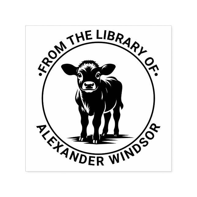 Cute Baby Calf Cow Standing Library Book Name Self-inking Stamp (Design)
