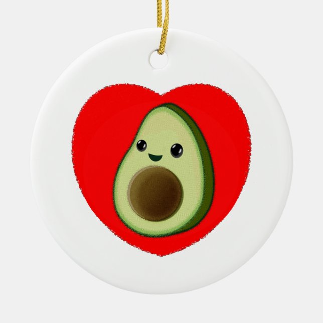 Cute Baby Cartoon Avocado In Red Heart Ceramic Tree Decoration (Front)