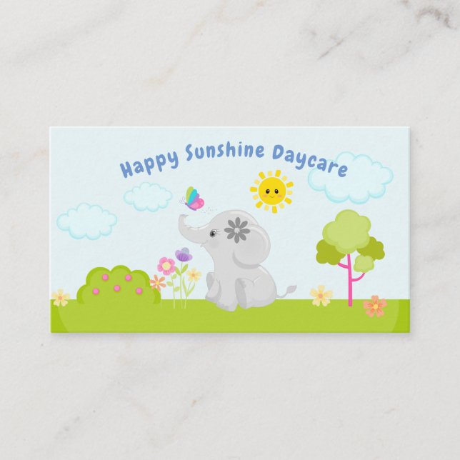 Cute Baby Cartoon Elephant and Butterfly Daycare Business Card (Front)