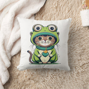 Cute Baby Cat with Frog Hat Cushion