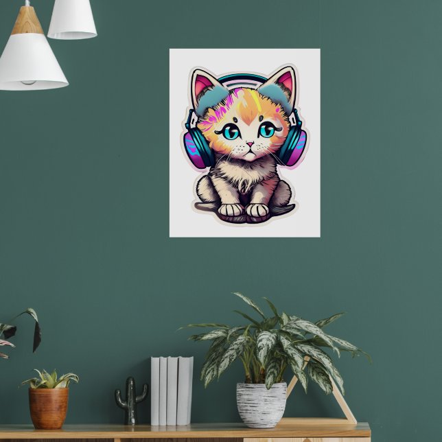 Cute Baby Cat with Headphones Poster (Living Room 1)