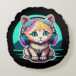 Cute Baby Cat with Headphones Round Cushion