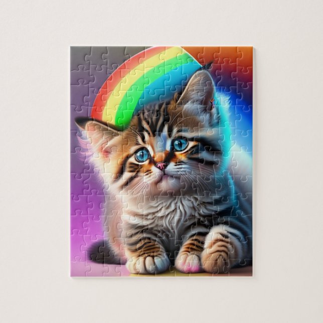 Cute Baby Cat With Rainbow and Neon Lights, Cat Jigsaw Puzzle (Vertical)