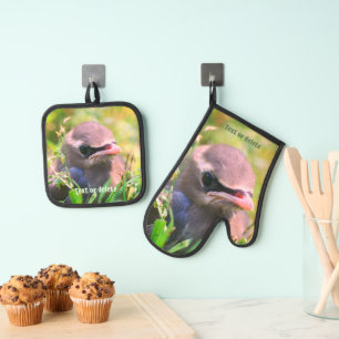 Cute Baby Cedar Waxwing Bird Personalised Oven Mitt & Pot Holder Set