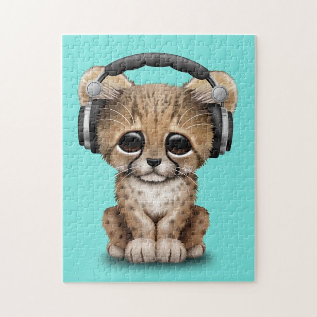 Cute Baby Cheetah Dj Wearing Headphones Jigsaw Puzzle (Vertical)