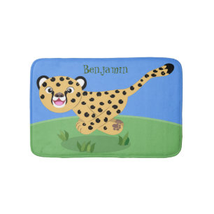 Cute baby cheetah running cartoon illustration bath mat