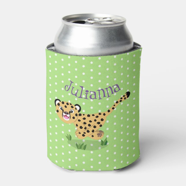 Cute baby cheetah running cartoon illustration can cooler (Can Front)