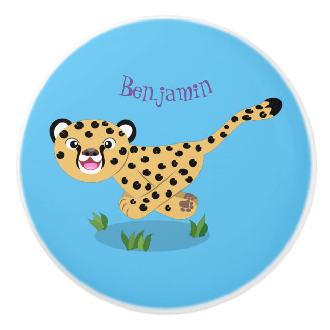 Cute baby cheetah running cartoon illustration ceramic knob (Front)