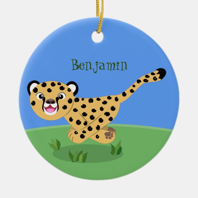 Cute baby cheetah running cartoon illustration ceramic tree decoration (Front)