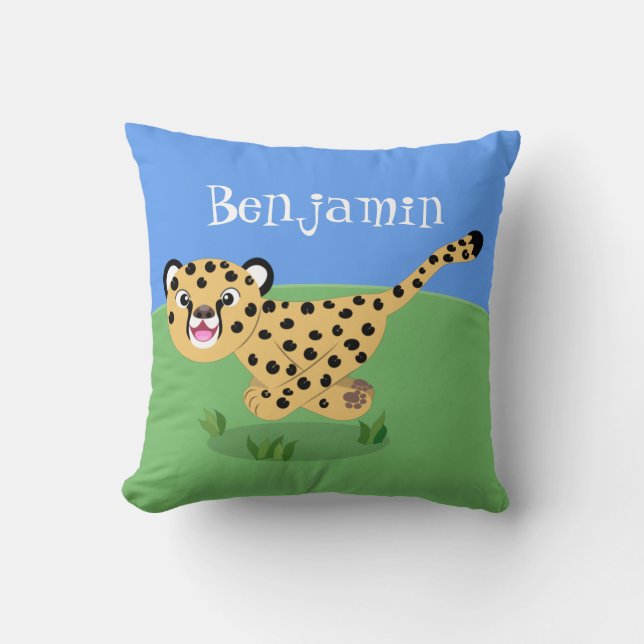 Cute baby cheetah running cartoon illustration cushion (Front)
