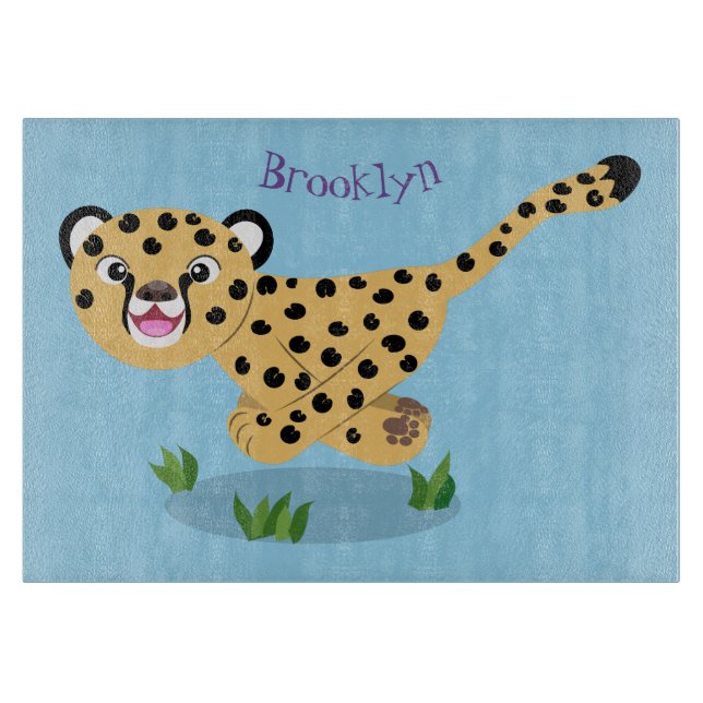 Cute baby cheetah running cartoon illustration cutting board (Front)