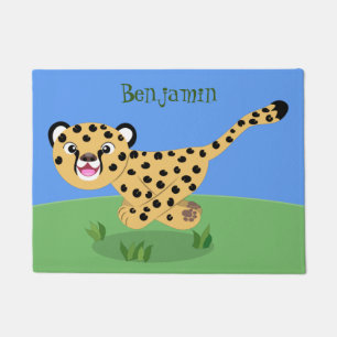 Cute baby cheetah running cartoon illustration doormat