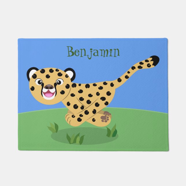 Cute baby cheetah running cartoon illustration doormat (Front)