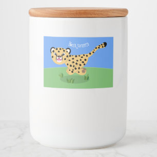 Cute baby cheetah running cartoon illustration food label
