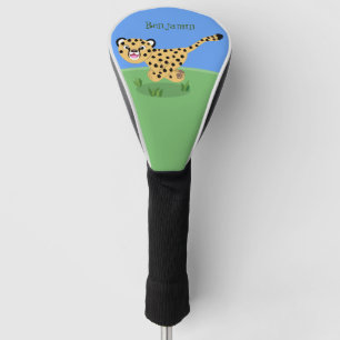 Cute baby cheetah running cartoon illustration golf head cover