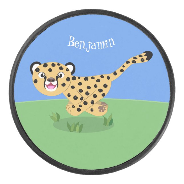 Cute baby cheetah running cartoon illustration hockey puck (Front)