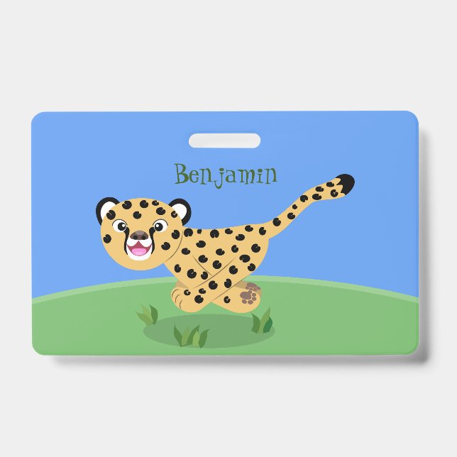 Cute baby cheetah running cartoon illustration ID badge (Front)