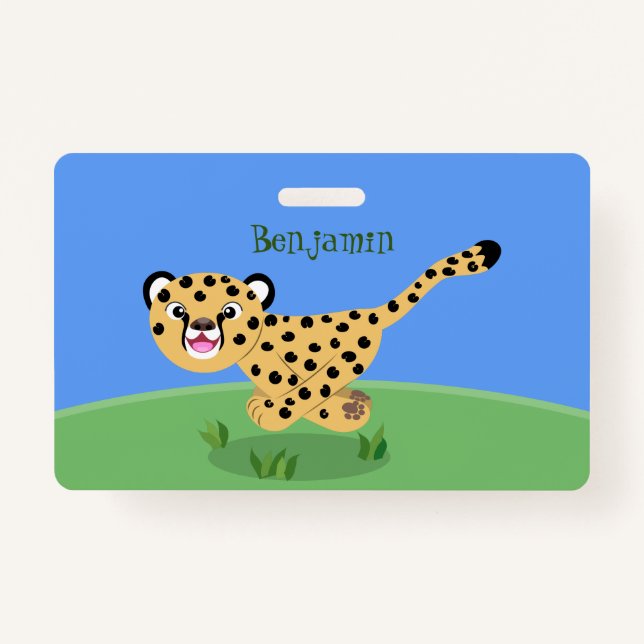 Cute baby cheetah running cartoon illustration ID badge (Front)