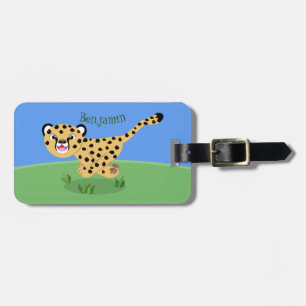 Cute baby cheetah running cartoon illustration luggage tag