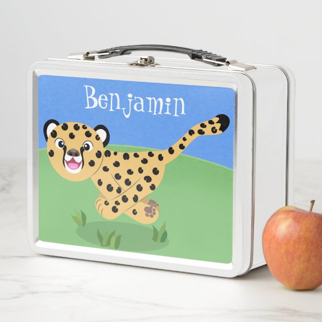 Cute baby cheetah running cartoon illustration metal lunch box (In Situ)