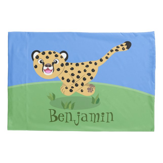 Cute baby cheetah running cartoon illustration pillowcase (Back)