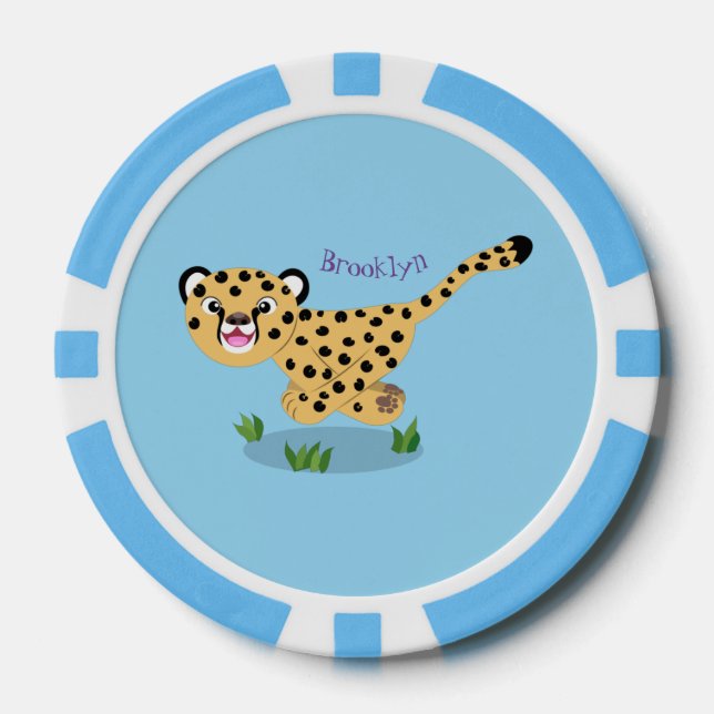Cute baby cheetah running cartoon illustration poker chips (Front)