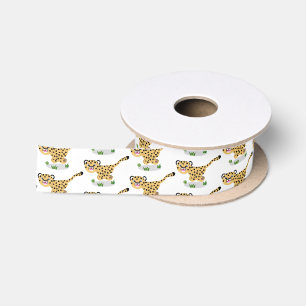 Cute baby cheetah running cartoon illustration satin ribbon