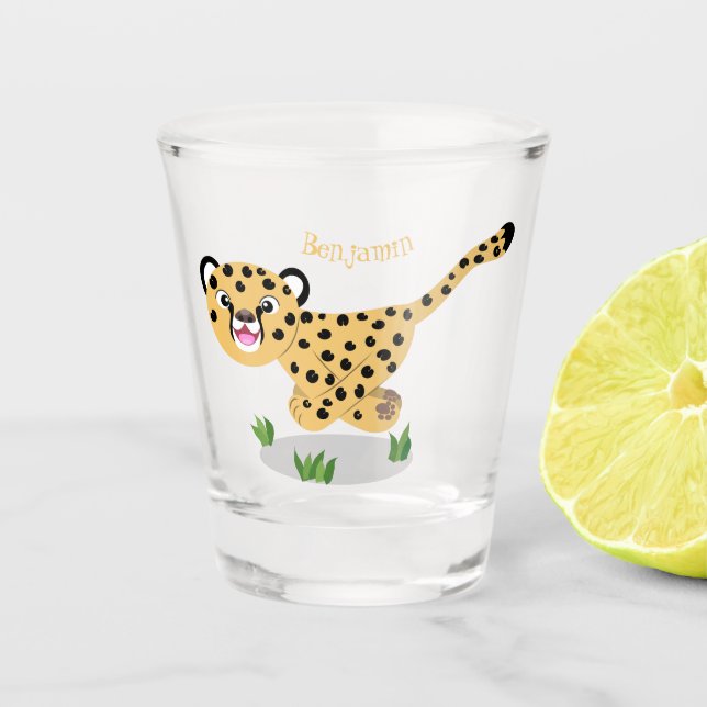 Cute baby cheetah running cartoon illustration shot glass (Front)