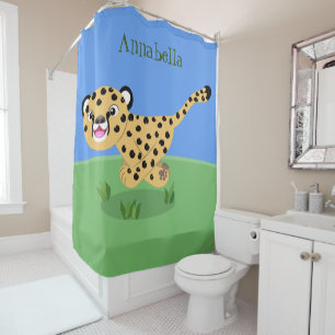 Cute baby cheetah running cartoon illustration shower curtain