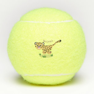 Cute baby cheetah running cartoon illustration tennis balls