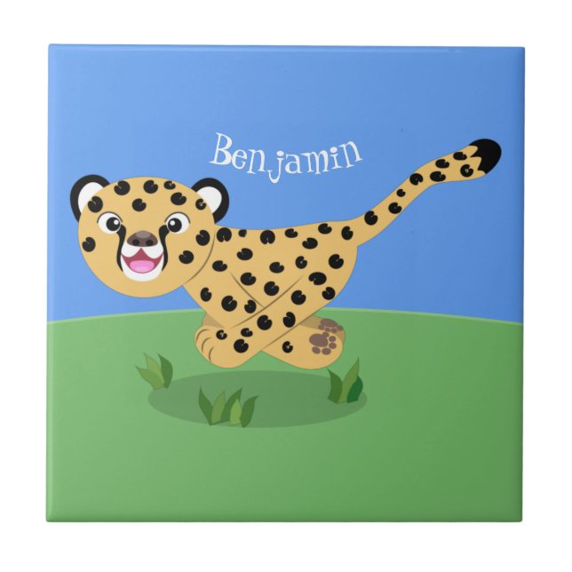 Cute baby cheetah running cartoon illustration tile (Front)