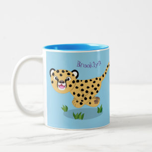 Cute baby cheetah running cartoon illustration Two-Tone coffee mug