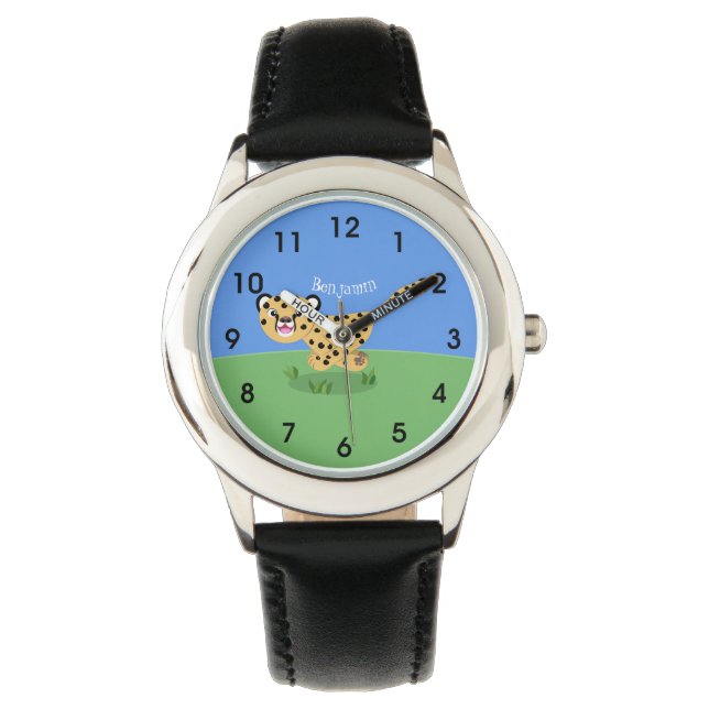 Cute baby cheetah running cartoon illustration watch (Front)