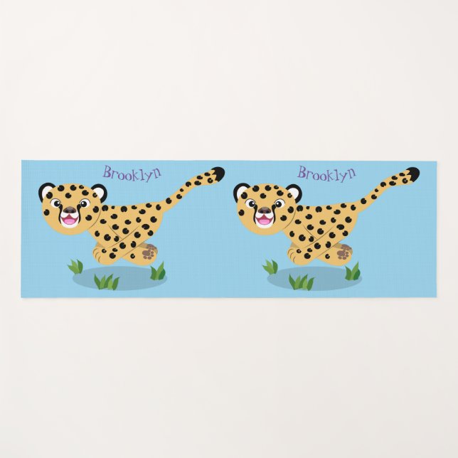 Cute baby cheetah running cartoon illustration yoga mat (Front (Horizontal))