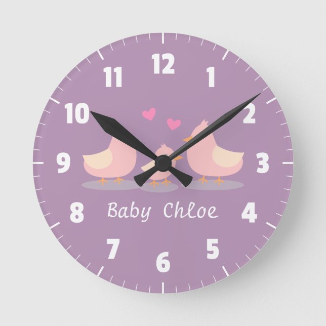 Cute Baby Chick Bird Family Baby Girl Room Decor Round Clock (Front)