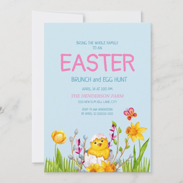 Cute Baby Chick Flowers Easter Brunch Egg Hunt Invitation (Front)