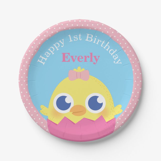 Cute Baby Chick Girl First Birthday Party Custom Paper Plate (Front)