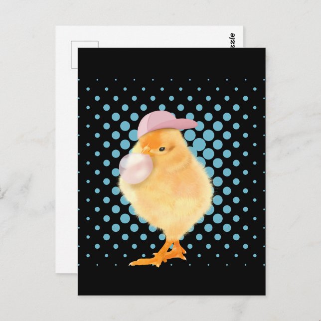 Cute Baby Chick Pink Bubblegum Black Postcard (Front/Back)