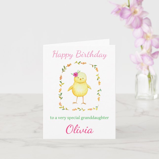 Cute Baby Chick with Flowers Custom Girl Birthday Card (Orchid)