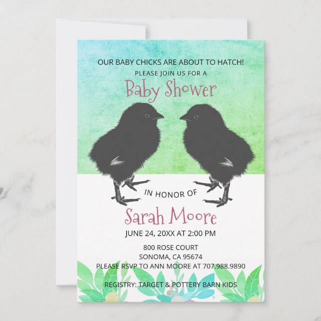 Cute Baby Chicks Blue Green Twins Baby Shower Invitation (Front)