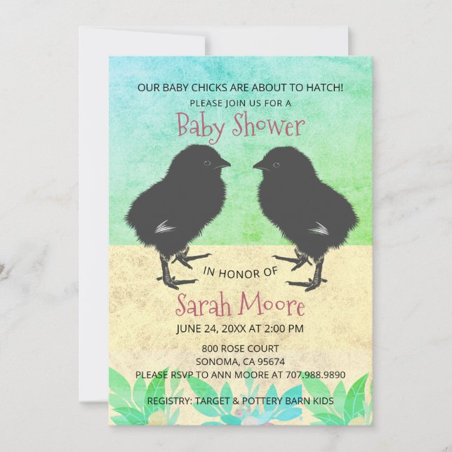 Cute Baby Chicks Green Twins Baby Shower Invitation (Front)