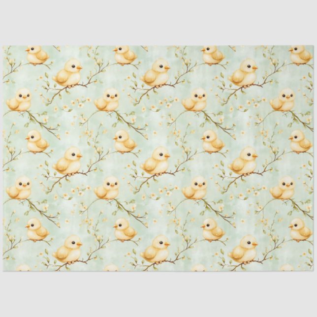 Cute Baby Chicks Mint Green Spring Floral Pattern Tissue Paper (Front)