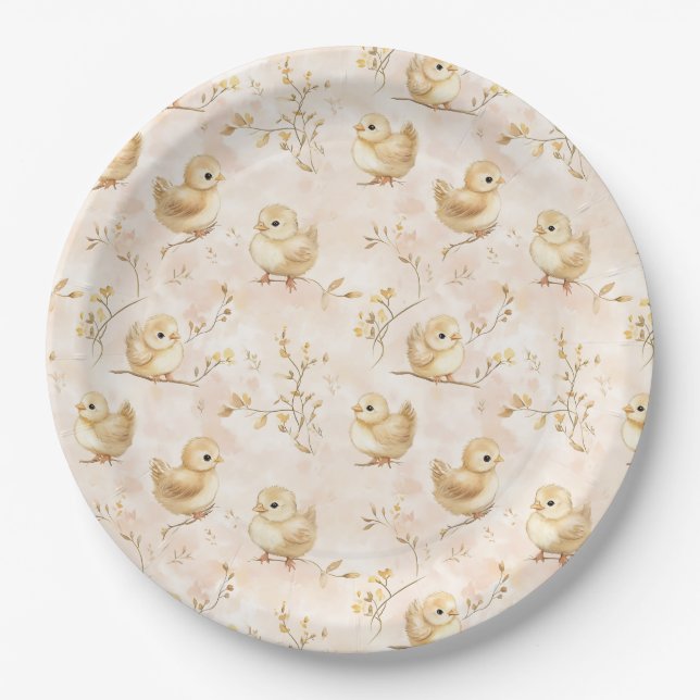 Cute Baby Chicks Pink Watercolor Pattern Paper Plate (Front)