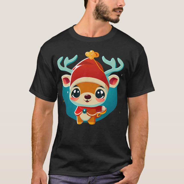 Cute Baby Christmas Reindeer In Santa Costume Cart T-Shirt (Front)