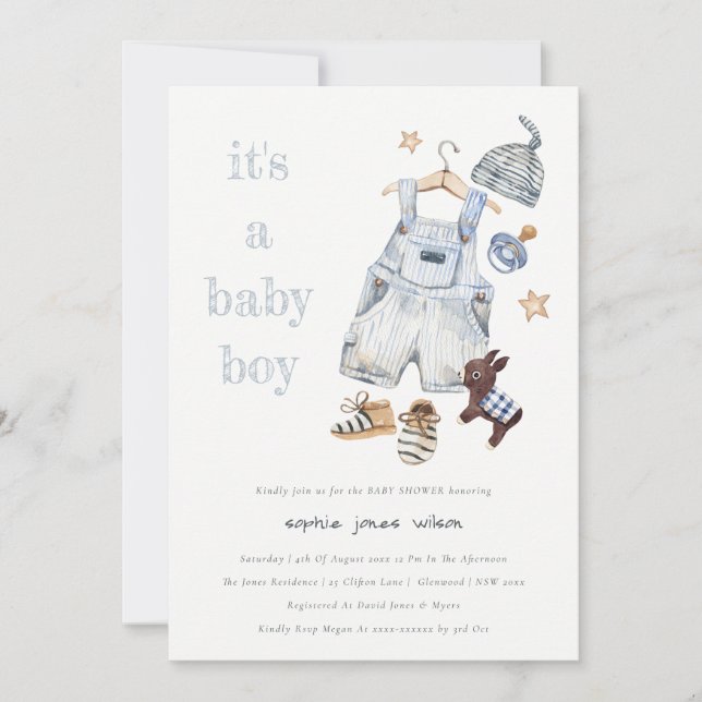 Cute Baby Clothes Blue It's a Boy Baby Shower Invitation (Front)