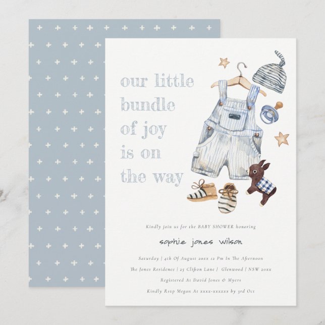 Cute Baby Clothes Essentials Blue Boy Baby Shower Invitation (Front/Back)
