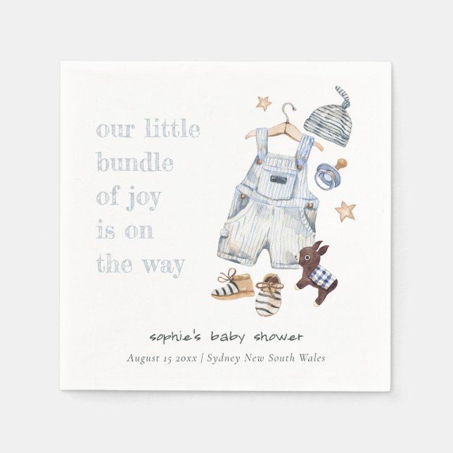 Cute Baby Clothes Essentials Blue Boy Baby Shower Napkin (Front)