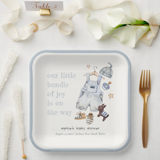 Cute Baby Clothes Essentials Blue Boy Baby Shower Paper Plate (Wedding)