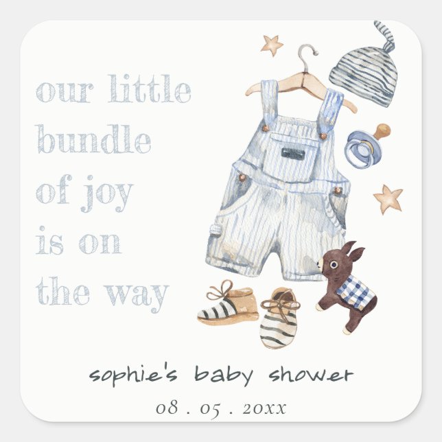 Cute Baby Clothes Essentials Blue Boy Baby Shower Square Sticker (Front)
